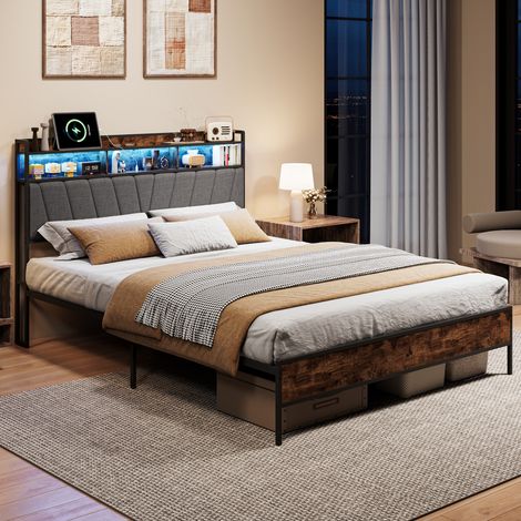 lit 160x200, lit 2 personnes, lit cadre métallique style industriel, tête de lit rembourrée avec rangement, éclairage LED RGB et ports de charge USB‑C (1/5)
