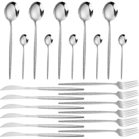 UlisemLot de 24 couverts en acier inoxydable pour 6 personnes - Poli brillant - Avec couteau, fourchette, cuillère, passe au lave-vaisselle-argent (1/4)