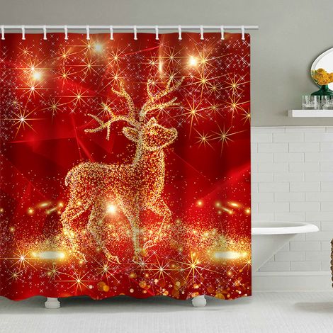 150 x 180 cm großer Duschvorhang mit Weihnachtsmotiv, Weihnachtsmann und Rentier, Badezimmer-Dekorationsset, wasserdichtes Material, inklusive 12 Haken