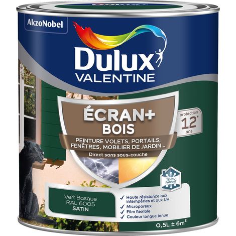 ECRAN+ BOIS - Peinture satinée pour bois extérieur - Volets, portes, fenêtres, portails - Vert Basque 0,5 L - Dulux Valentine