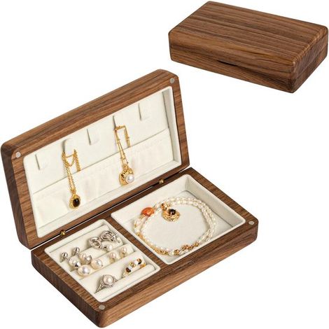 Boîte à bijoux, petite boîte à bijoux en bois, boîte à bijoux de voyage, boîte de rangement à bijoux vintage, coffret à bijoux pour femme, idée cadeau (16,5 x 9,5 x 4,5 cm) (1/5)