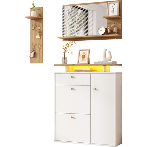Ensemble vestiaire d'entrée 3 pièces avec miroir, meuble à chaussures LED, étagère à chapeaux et 4 crochets, blanc et bois clair, 105x25x151,5 cm  CHICFURN (1/5)