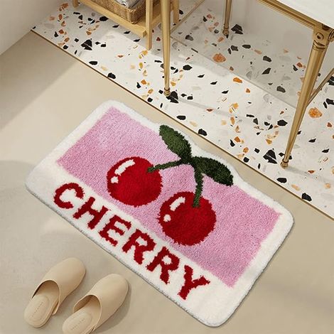 Badematte mit Kirschmotiv, rutschfest, weich, flauschig und saugfähig, Mikrofaser, waschbar, Badezimmerteppich, lustige Obst-Badematte, Badezimmer, Heimdekoration, 40 x 60 cm