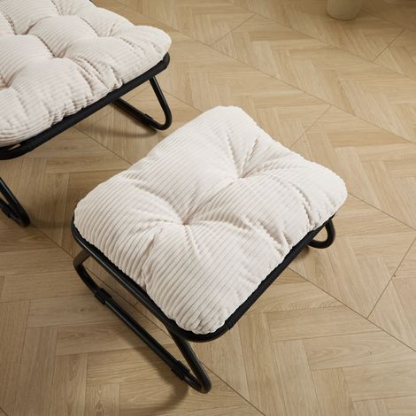 Chaise lounge de jardin avec pouf, fauteuil inclinable confortable à sangles, coussin moelleux et repose-pieds, idéal pour salon, chambre, coin lecture, cadre noir et coussin blanc (1/5)