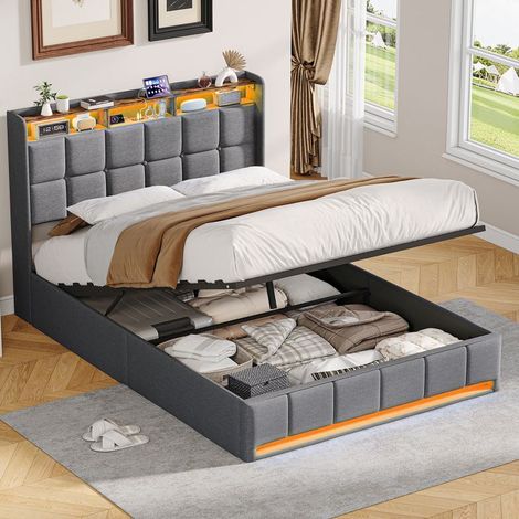 Letto matrimoniale - 140x200 pneumatico - Testata imbottita in lino grigio - Contenitore di stoccaggio idraulico - LED RGB & USB-C
