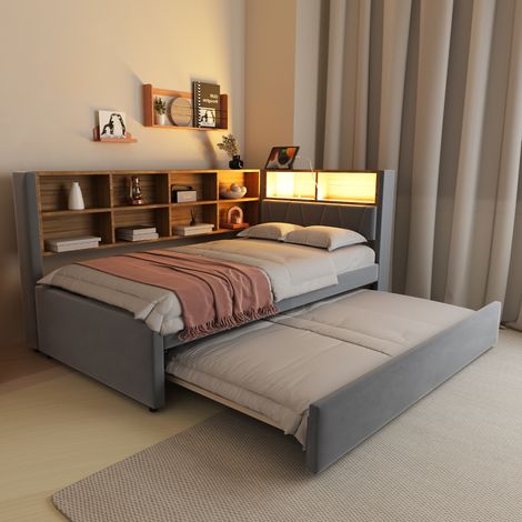 Bettsofa modern 90x200 cm mit Ausziehbett 90x190, Flanell dunkelgrau, LED, Ladeanschlüssen und Stauraum (1/5)