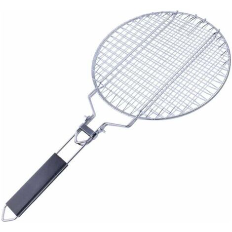 Panier à grillades, grill portable avec manche en bois amovible, panier à grill rond diamètre : 28 cm, pour griller poisso (1/4)