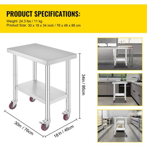 Mophorn Edelstahl Arbeitstisch 30x18x34 Zoll, 700 LBS Kapazität, 4 Räder, 3 verstellbare Höhen - Heavy Duty Food Prep Tisch für Küche & Restaurant, Silber