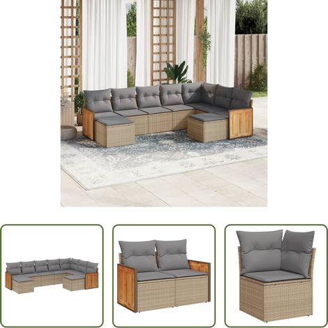 Sitzkissen - 9-tlg. Garten-Sofagarnitur mit Kissen Beige Poly Rattan (1/5)