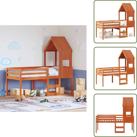 Cama para niños - vidaXL Cama alta con techo madera maciza de pino marrón cera 75x190 cm - Cama de madera