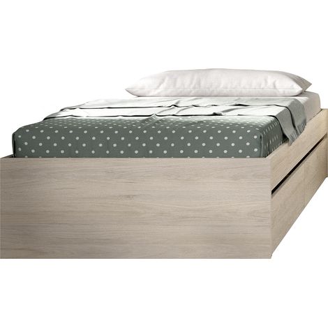 Structure de lit , couchage 90 x 190 cm en bois avec 2 tiroirs coloris chêne naturel - Longueur 195 x Profondeur 95 x Hauteur 40 cm (1/4)