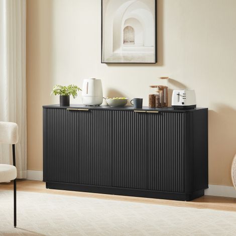 Buffet 4 portes à motif ondulé, noir, en MDF, 160 x 40 x 80 cm (1/5)