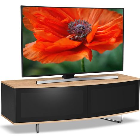 Centurion Supports Caru Gloss Black and Oak Beam-Thru Remote Friendly Super-Contemporary "D" Shape Design 32"-65" LED/ OLED / LCD TV Cabinet (1/5)