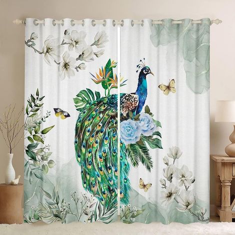 Rideaux de fenêtre motif paon, papillon et floral pour garçons, filles, adolescents, rideaux de traitement de fenêtre de style chinois rétro, décoration d'intérieur, plumes aquarelle, rideaux de - 66W (1/5)