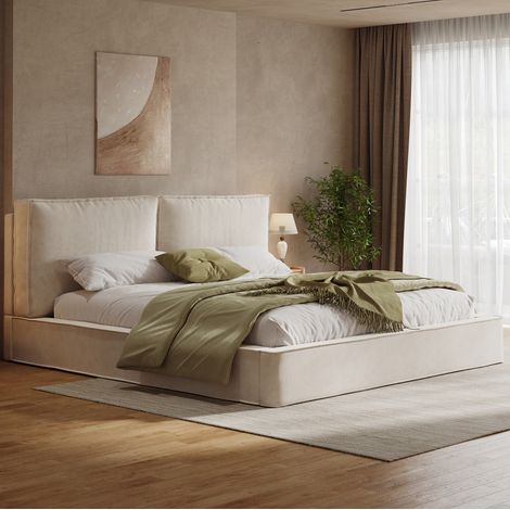 lit adulte 160 x 200 cm en tissu beige avec tête de lit rembourrée et sommier (1/5)