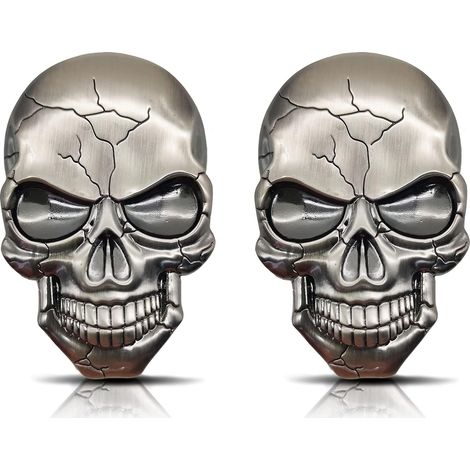 2 Pcs Autocollant Moto Voiture Métal 3D Tête Mort Stickers Tête Mort Autocollants Auto Autocollant Pare-Chocs Crâne Véhicule Démons Autocollant d'Ornement Crâne Autocollant Réfrigérateur (Argent) (1/5)