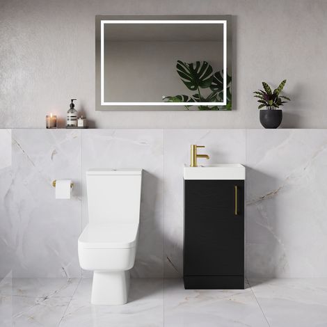 Napoli Cube Nero Oak 400mm Single Door Vanity Unit and Toilet Suite with Align Basin - 400mm - Brushed Brass 160mm Handle