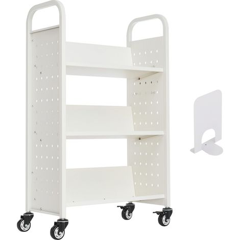Rollbarer Bibliothekswagen, Tragkraft 150 kg, 77 x 38 x 122 cm, einseitige V-förmige Regalböden, 76,2 mm feststellbare Rollen, weiß, für Büro, Schule und Zuhause. (1/5)