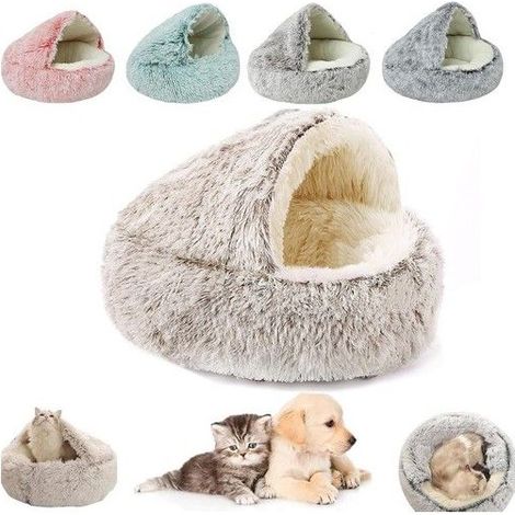 Lit gigogne fermé pour animal de compagnie - Grotte chaude pour chat et chien - Rond en peluche moelleuse à capuche - 50 cm (1/5)