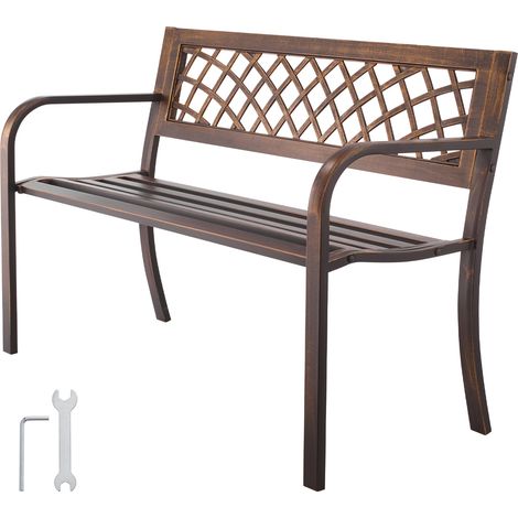 Mophorn Banco de jardín de metal de 116 cm con estructura de acero al carbono, respaldo de malla de PVC y reposabrazos, perfecto para exteriores como patios, jardines, acabado en color bronce antiguo (1/5)