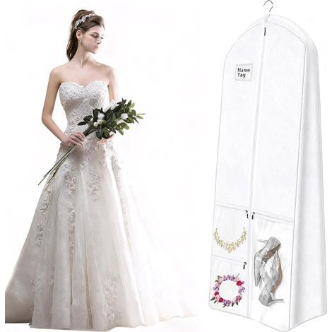 Custodia porta abiti bianca pieghevole, lunga (180 cm), con cerniera, ideale per abiti da sposa, abiti da sera, cappotti, tailleur e abiti lunghi. (1/5)
