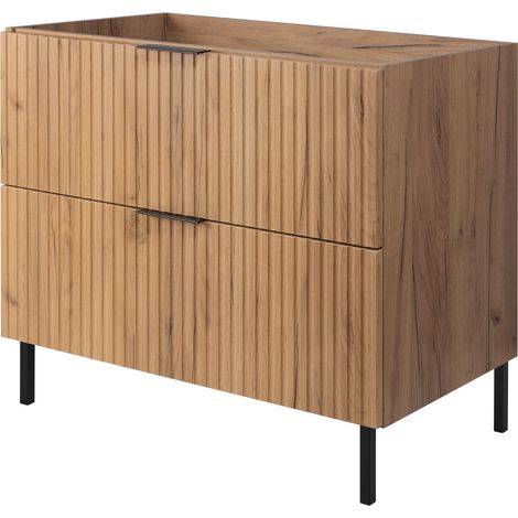 Furnidea - Meuble sous vasque sur pieds FLOW chêne craft 80 cm - 2 tiroirs - façades rainurées (1/4)
