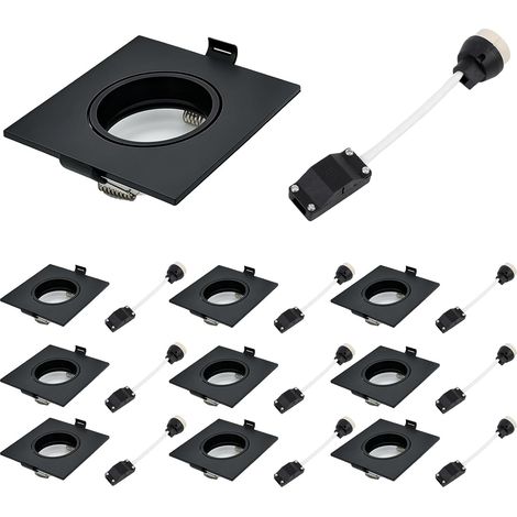 Lot de 10 cadres de spot encastrables GU10 - Noir - Carré - Avec douille GU10 - Pivotant - Cadre pour spots encastrables halogènes - Diamètre du trou : 68-80 mm - Pour ampoules LED halogènes (1/5)