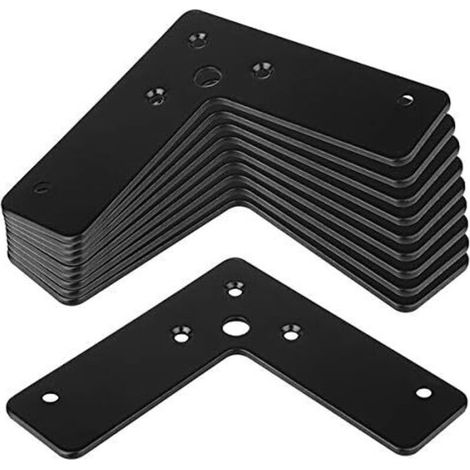 RHG Lot de 10 équerres d'angle plates noires 4"×4"×1¼", équerres d'angle en L, plaques de fixation plates, épaisseur 2 mm, charge 33 lb, vis non incluses