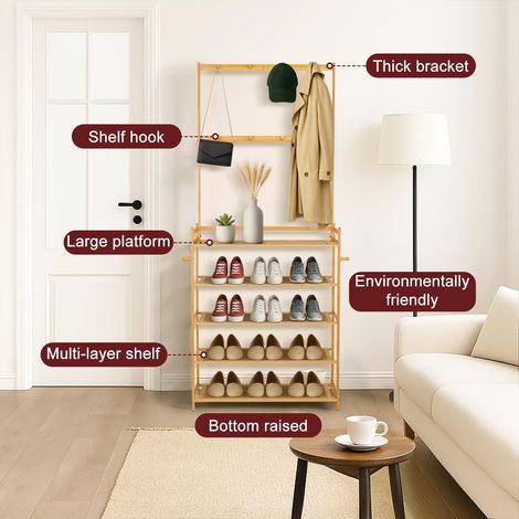 Coat Rack 5 Tier Bamboo Shoe 2-in-1 Entryway Coat Rack with Hooks and Shelves Freestanding Hall Tree Tall Shoe Rack for Bedroom Dormitory Flat Living Room Bedroom (70X25X160CM) (1/4)