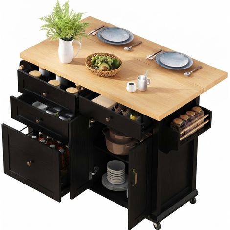 ELVMI Isla de cocina con mesa extensible, 2 puertas, cajones multifunción y ruedas, para cocina, 107 x 45-70 x 90.5 cm (1/5)