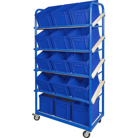 BRB Schrägboden-Regalwagen mit 5 Ebenen, 4 Lenkrollen, bestückt mit 15 Euroboxen 400x300x235 mm (blau) (1/3)