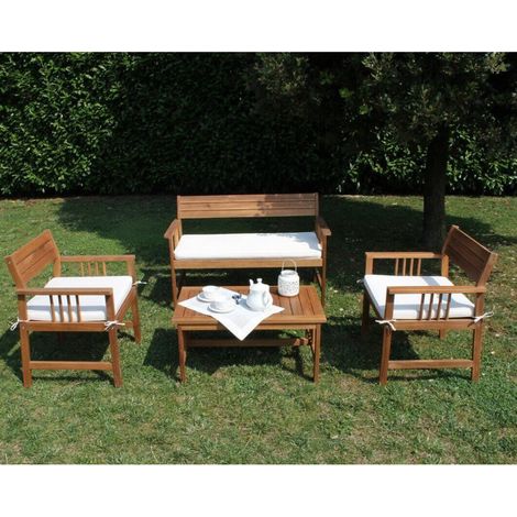 Set Salotto da Giardino Divano 2 Poltrone e Tavolino con Cuscini in Legno Marrone (1/2)