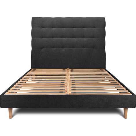 Lit 135x190cm avec tête de lit capitonnée tissu et sommier kit Noir - Hauteur totale : 29cm (1/5)