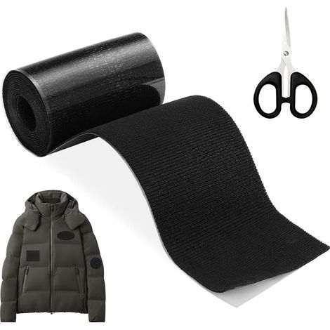 Kit di riparazione per tessuti autoadesivo, toppa in nylon impermeabile 10x200 cm, kit di riparazione per sedili auto, giacche, tende, divani, piumini, sacchi a pelo, zaini, nero (1/5)