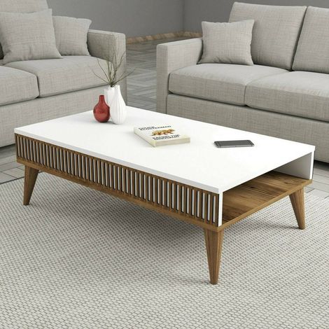 Dmora - Wohnzimmertisch Dgiovinc, Niedriger Wohnzimmertisch, Kaffeeregal, Couchtisch für Sofa, 105x60h35 cm, Walnuss und Weiß (1/4)