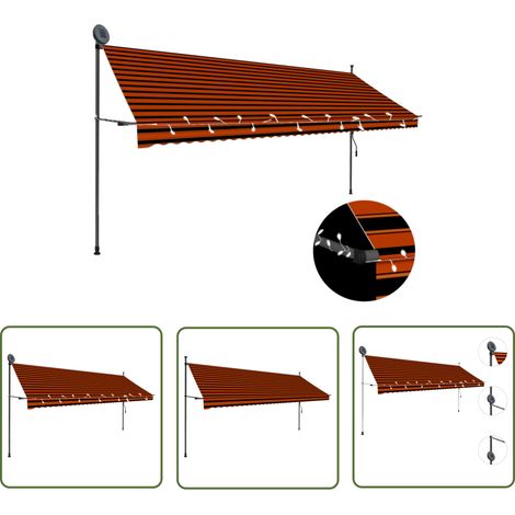 The Living Store Auvent manuel rétractable avec LED 400 cm Orange et marron - Auvent Retractable - Stores Exterieurs - Abri Soleil - Parasol - Éclairage Led Solaire (1/5)