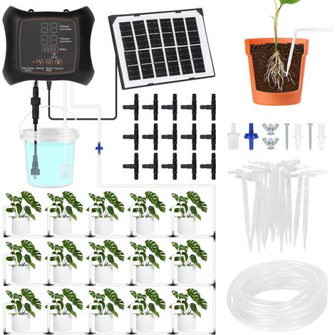 Système d'irrigation solaire automatique de jardin avec 16 modes de minuterie et tuyau de 15 m pour jusqu'à 15 plantes en pot pour extérieur, balcon, plate-bande surélevée, serre (1/5)