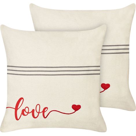 Dekokissen 2er Set PLUMERIA Baumwolle 45 x 45 cm Beige Mit Aufschrift