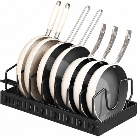 Support à casseroles, noir, 42 cm, rail coulissant, rangement pour placard, support à couvercles réglable, 8 lignes, à poser sur le plan de travail (1/5)
