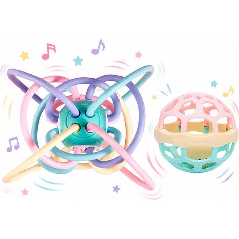 Baby-Beißring mit Rassel und Ball, JESWO®, 2-teilig, TPU, BPA-frei, Rassel mit Geräuschfunktion, mehrfarbig (1/5)
