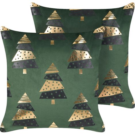 Conjunto de 2 cojines de terciopelo árboles de Navidad de estampado 45 x 45 cm con relleno fundas extraíbles verde Goldspruce