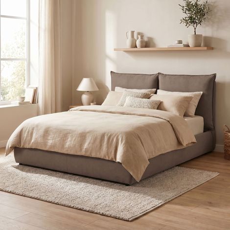 Lit coffre 160x200 avec tête de lit effet oreiller en tissu chocolat (1/5)