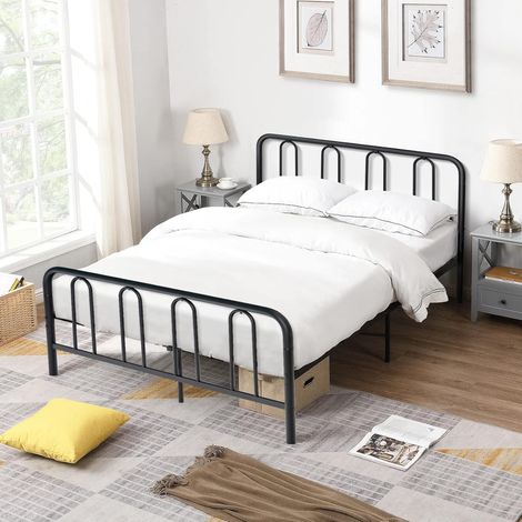 COSTWAY Cadre de Lit 140 x 190 avec Sommier en Métal 32 cm, Lit Double pour Adulte, Support de Lattes en Acier avec Rangement sous Le Lit, Facile à Monter, Noir (1/5)