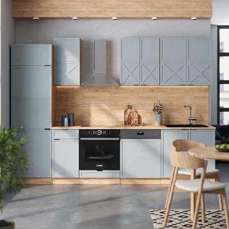 Cuisine Fame-Line, Bleu clair-gris/chêne force d'or, 300 cm , PT Chêne, Vicco