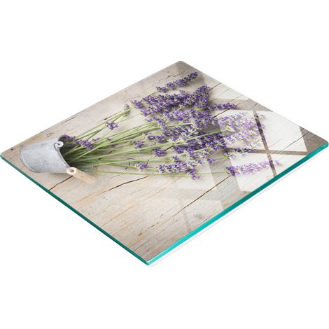 Tabla de cocina de vidrio templado con gr谩fico de lavanda en maceta, 60x52 cm.