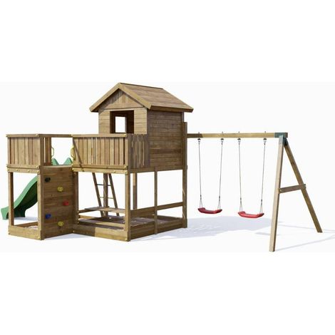 Casetta parco giochi in legno Fungoo Pluto con Scivolo, due altalene, tavolo Picnic, arrampicata e sabbiera (1/5)