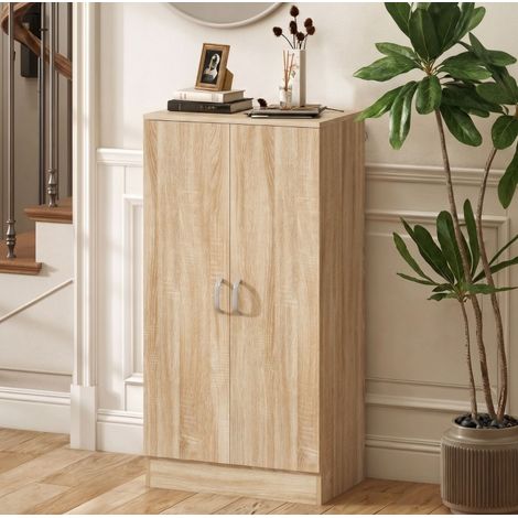 Zapatero, 55x35x108 cm, madera natural, 2 puertas y 6 estantes regulables (1/5)