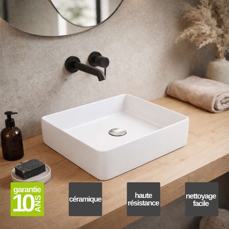 Vasque à poser carré en céramique blanc mat L36,5 x l36,5 x Profondeur 10,5 cm – SANIZEO Square - Idéale pour salle de bain moderne (1/5)