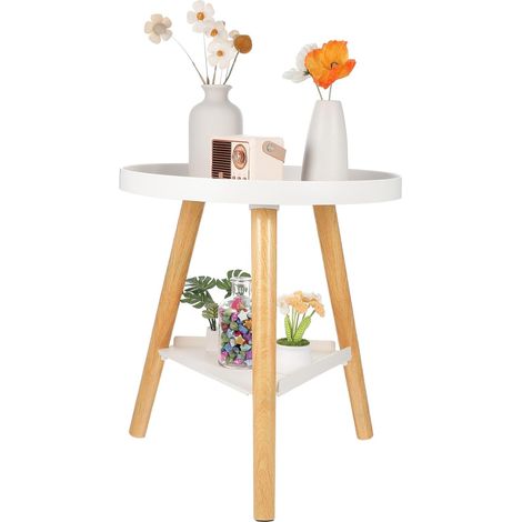 Table D'appoint Ronde 40 Cm X 44 Cm en Bois Blanc, Double Plateau Rangement, Table de Chevet Minimaliste pour Petits Espaces, Salon et Entrée, Design Scandinave Fonctionnel (1/5)