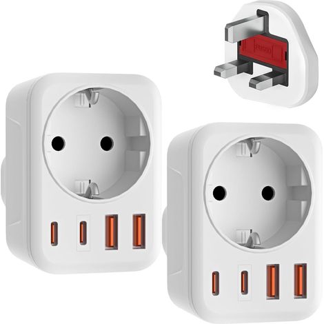 Lot de 2 adaptateurs de voyage UK vers prise UE avec 2 USB-C et 2 USB-A (3,4 A) - Adaptateur de voyage type G vers prise UE pour Angleterre, Irlande, Malte, Maldives, Sri Lanka, etc